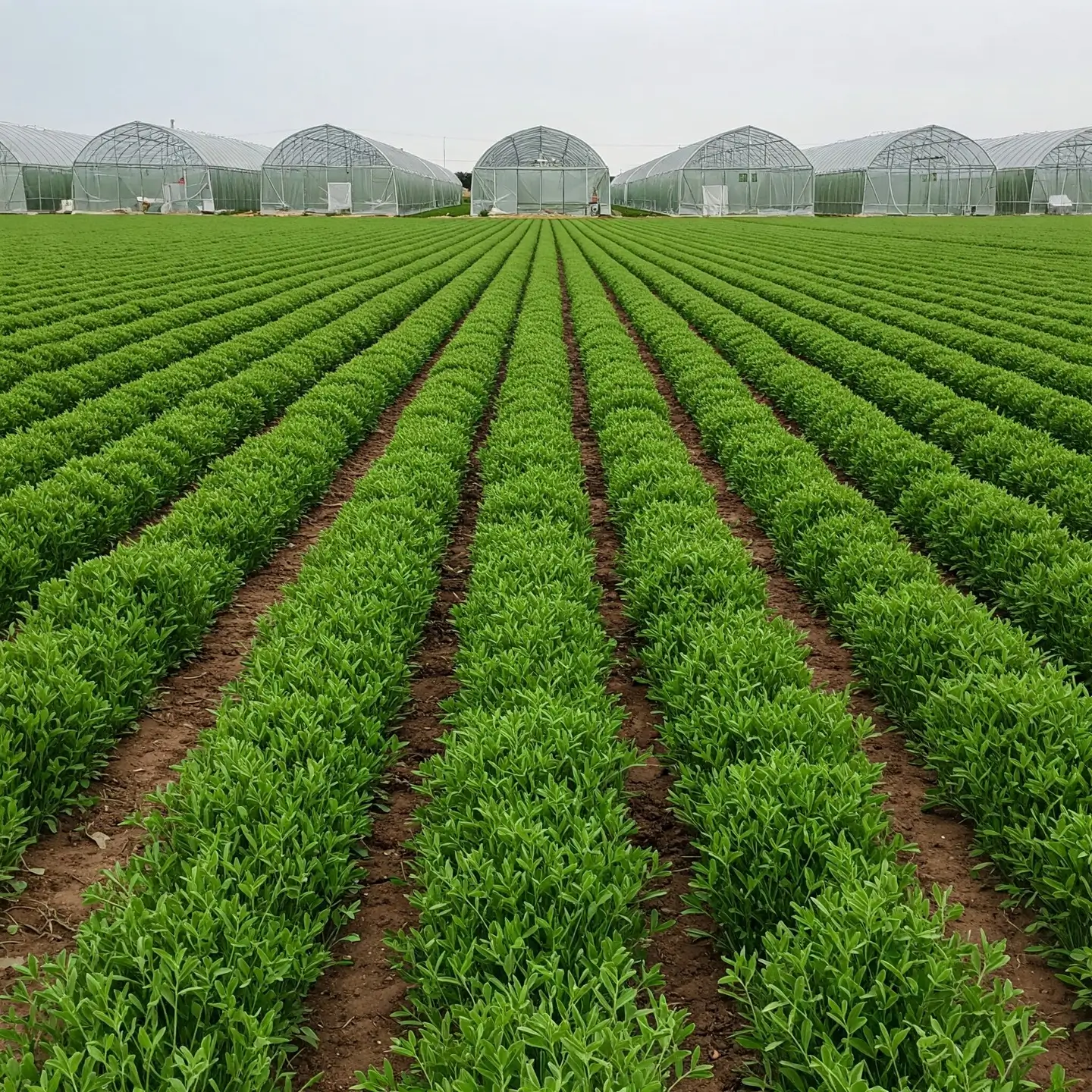 Rows of lentils growing with greenhouses in the background all treated with biosolutions provided by Velocity Green.