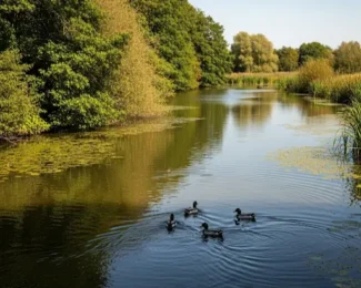 Large pond with trees and ducks
